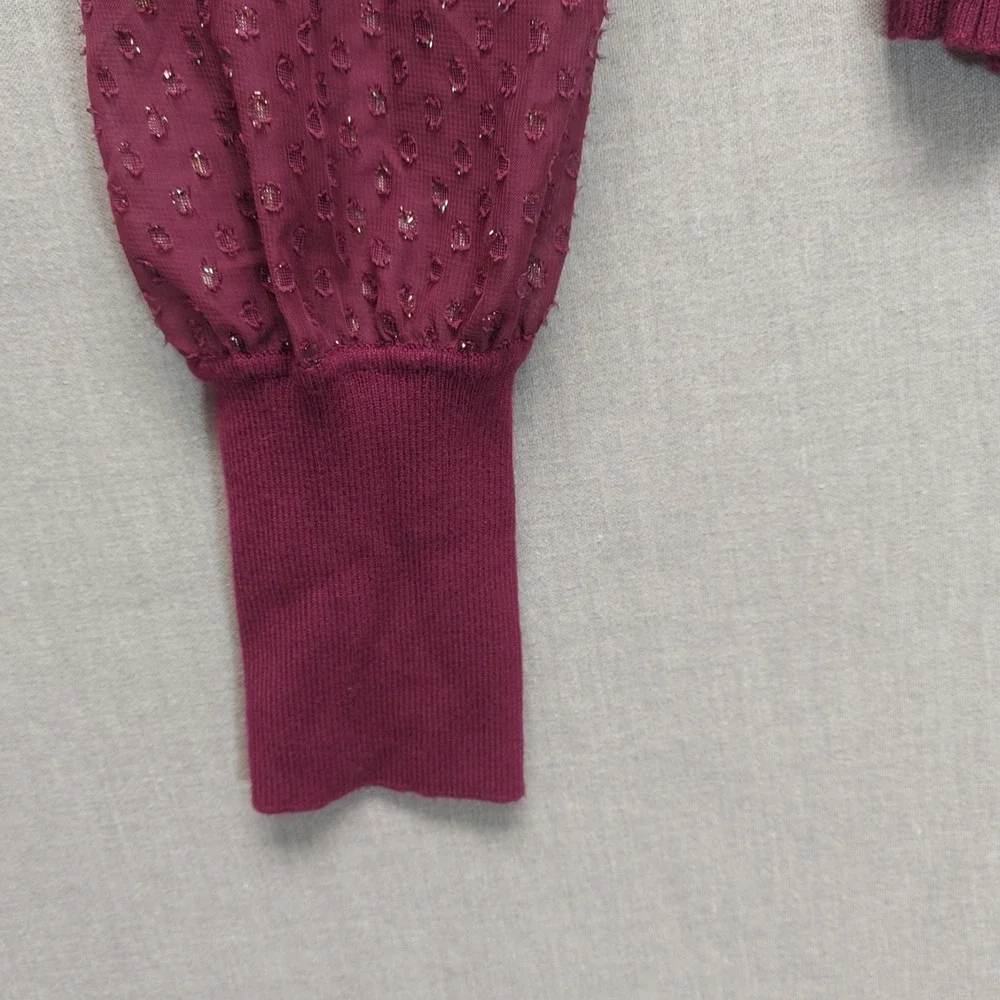 Anthropologie Burgandy Rib Knit Top S Puff Sleeve Coquette Semi Sheer Romantic‎